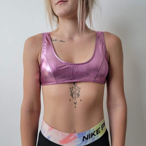 None Tops - Hot Pink Metallic Sports Bra Rave Top - M